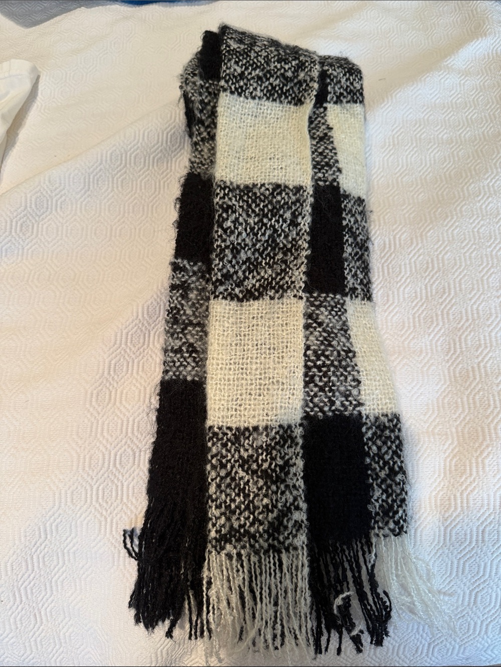 Charming Charlie Black and Cream Check Plaid Fringe Scarf